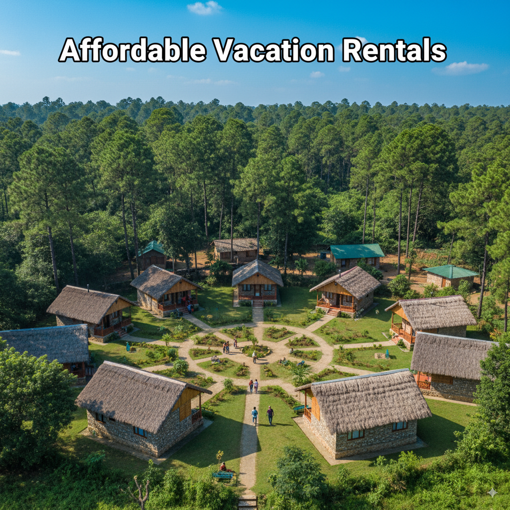 An aerial shot of a cluster of small, rustic cabins with thatched roofs and stone bases, arranged in a circular pattern on a green lawn. There are pathways connecting the cabins, and a few people are walking along them. The entire resort is surrounded by a dense forest of tall pine trees under a clear blue sky. The text "Affordable Vacation Rentals" is overlaid at the top of the image.
