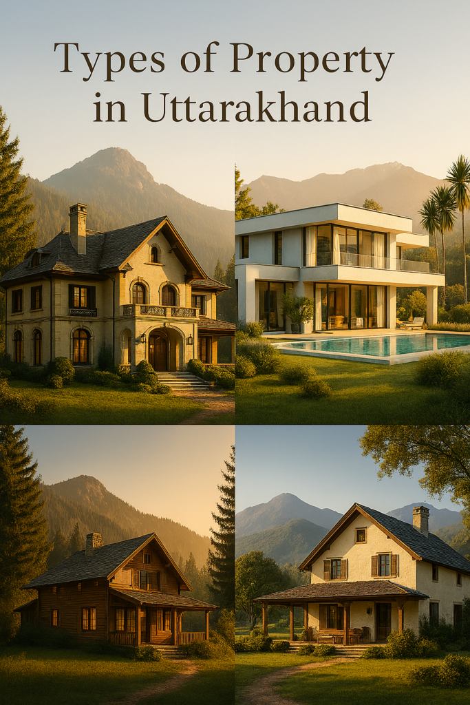 "Four different types of homes in Uttarakhand, India: a traditional stone house, a modern villa with glass walls and a pool, a rustic wooden cabin in the woods, and a cottage-style home in a green area." Text on top says, "Types of Property in Uttarakhand."