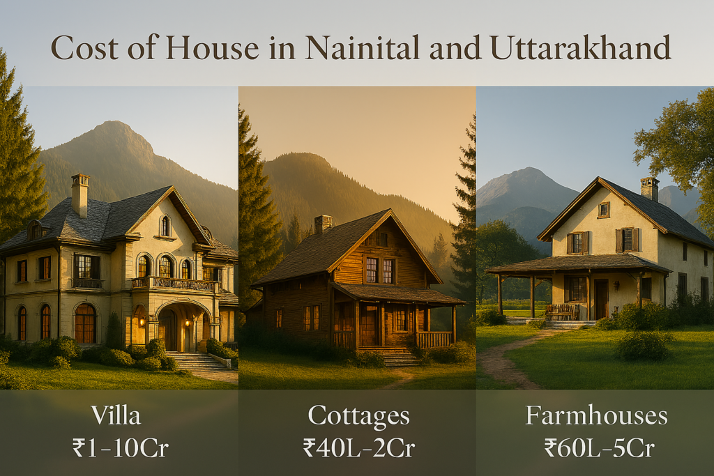 "Photorealistic comparison of three types of houses in Nainital and Uttarakhand, India, with beautiful mountain scenery in the background. From left to right: a luxury villa that costs ₹1–10Cr, a cosy wooden cottage that costs ₹40L–2Cr, and a rustic farmhouse that costs ₹60L–5Cr. The text on the overlay says, "Cost of House in Nainital and Uttarakhand."