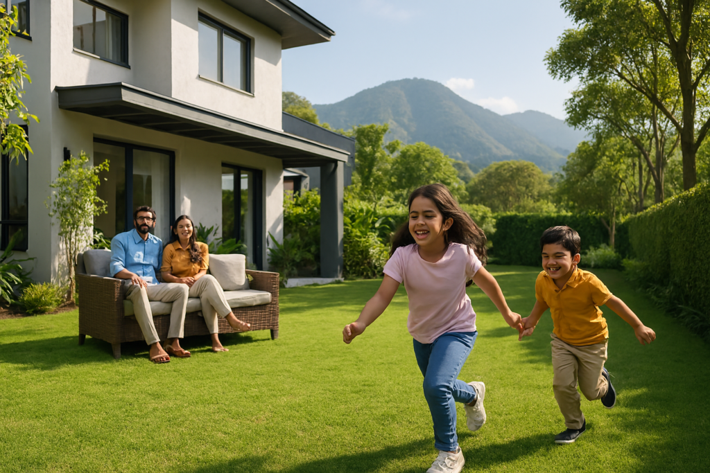 “Happy family at modern villa in Ramnagar Nainital with kids playing in green garden and beautiful mountain view in background.