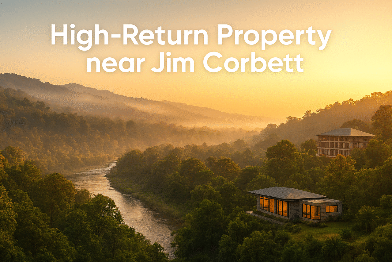 Scenic sunrise view of residential and commercial plots near Jim Corbett National Park, showcasing high-return property investment opportunities amidst lush forests