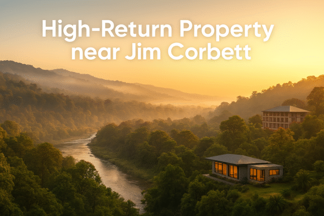 Scenic sunrise view of residential and commercial plots near Jim Corbett National Park, showcasing high-return property investment opportunities amidst lush forests