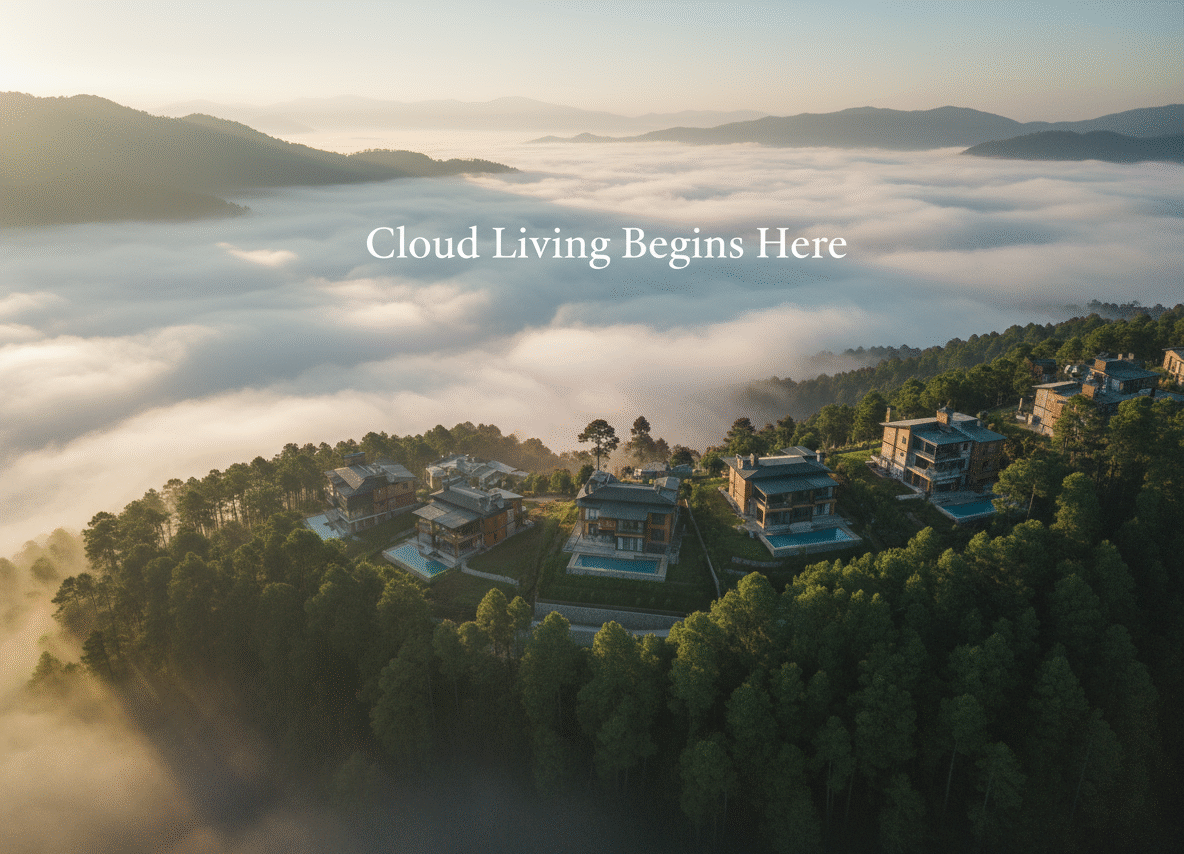 Aerial view of luxury villas in Nainital Hills surrounded by forest and clouds under soft morning light.
