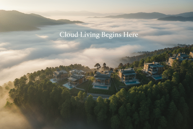 Aerial view of luxury villas in Nainital Hills surrounded by forest and clouds under soft morning light.