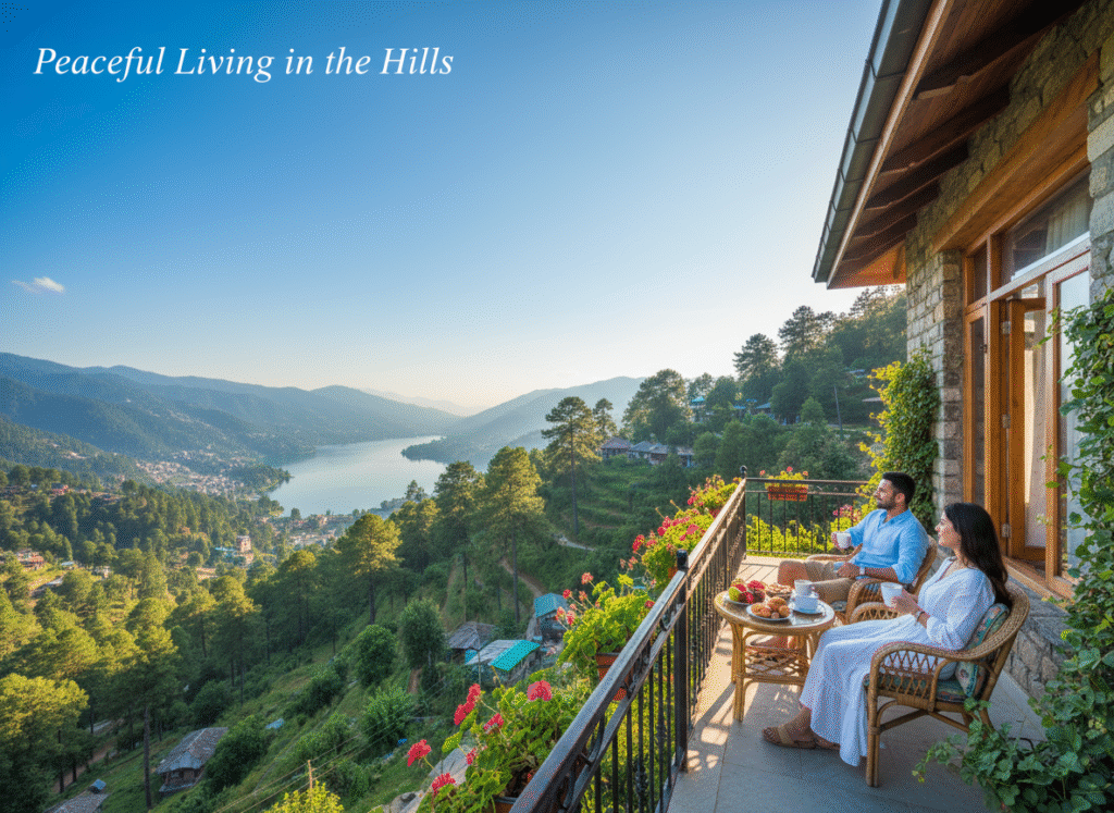 Couple enjoying mountain view from luxury villa balcony in Nainital Hills.