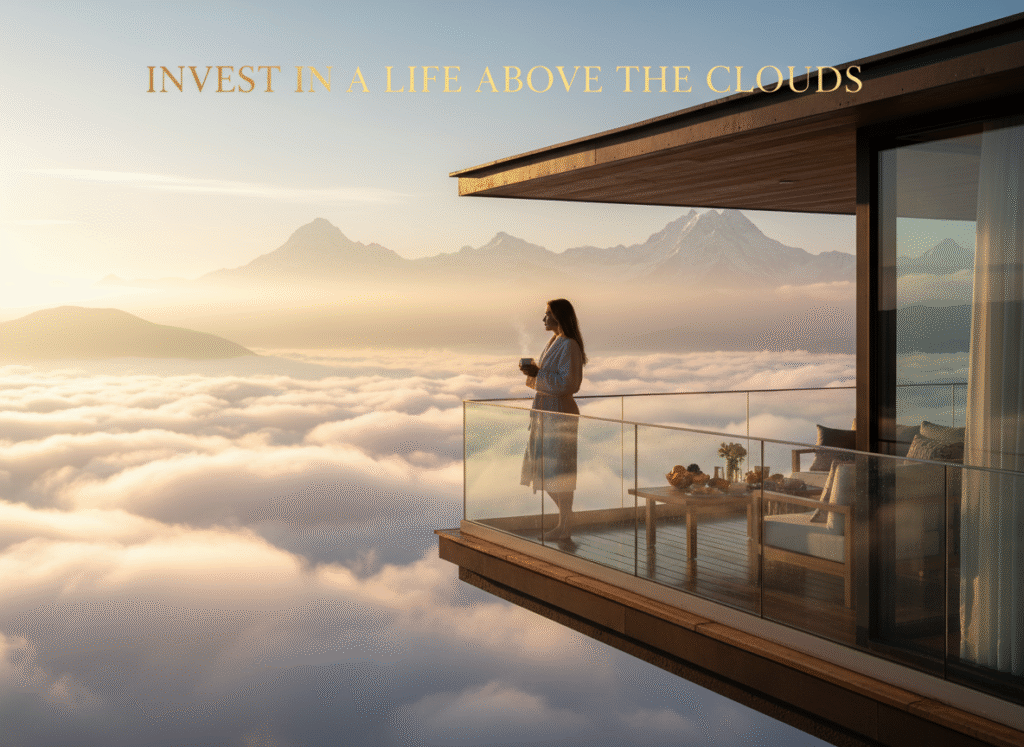 Person enjoying sunrise from luxury villa terrace above clouds in Nainital Hills.