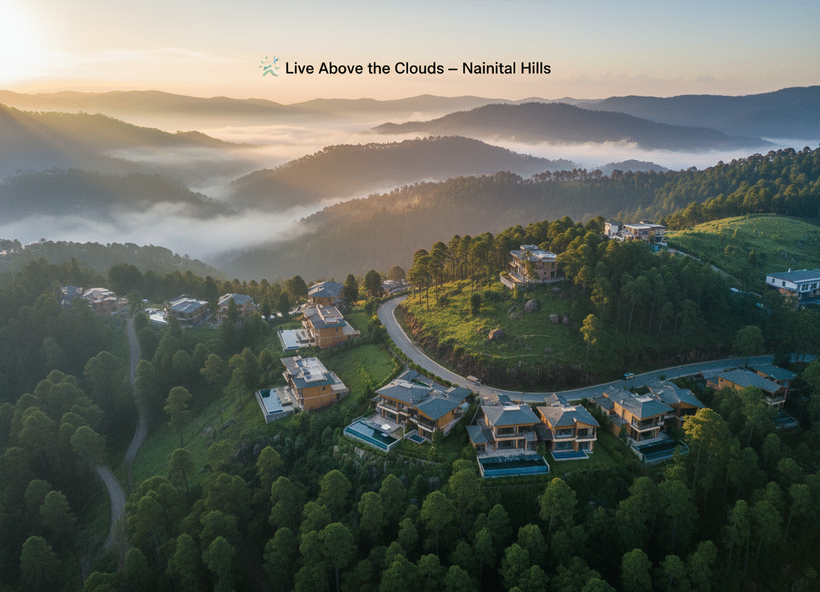 “Luxury villas in Nainital Hills surrounded by misty forests and mountain sunrise.”