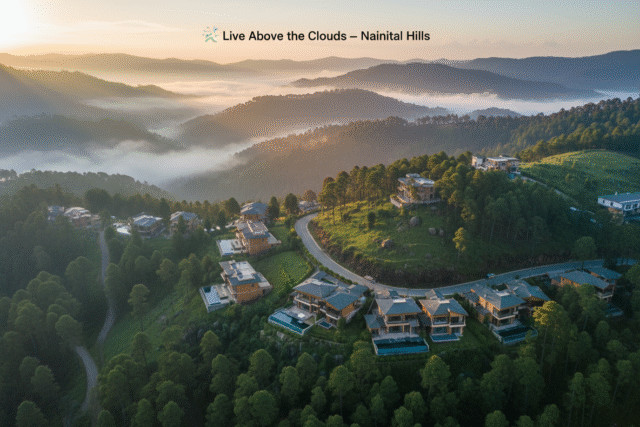 “Luxury villas in Nainital Hills surrounded by misty forests and mountain sunrise.”