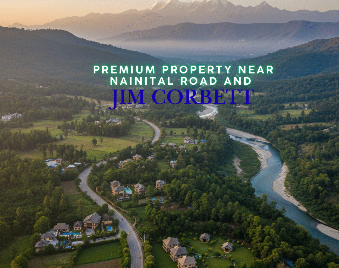 Aerial view of Ramnagar near Jim Corbett showing lush greenery and property plots along Nainital Road.