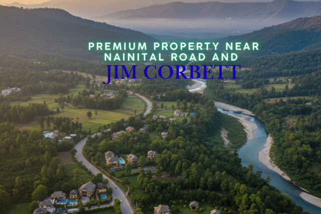 Aerial view of Ramnagar near Jim Corbett showing lush greenery and property plots along Nainital Road.