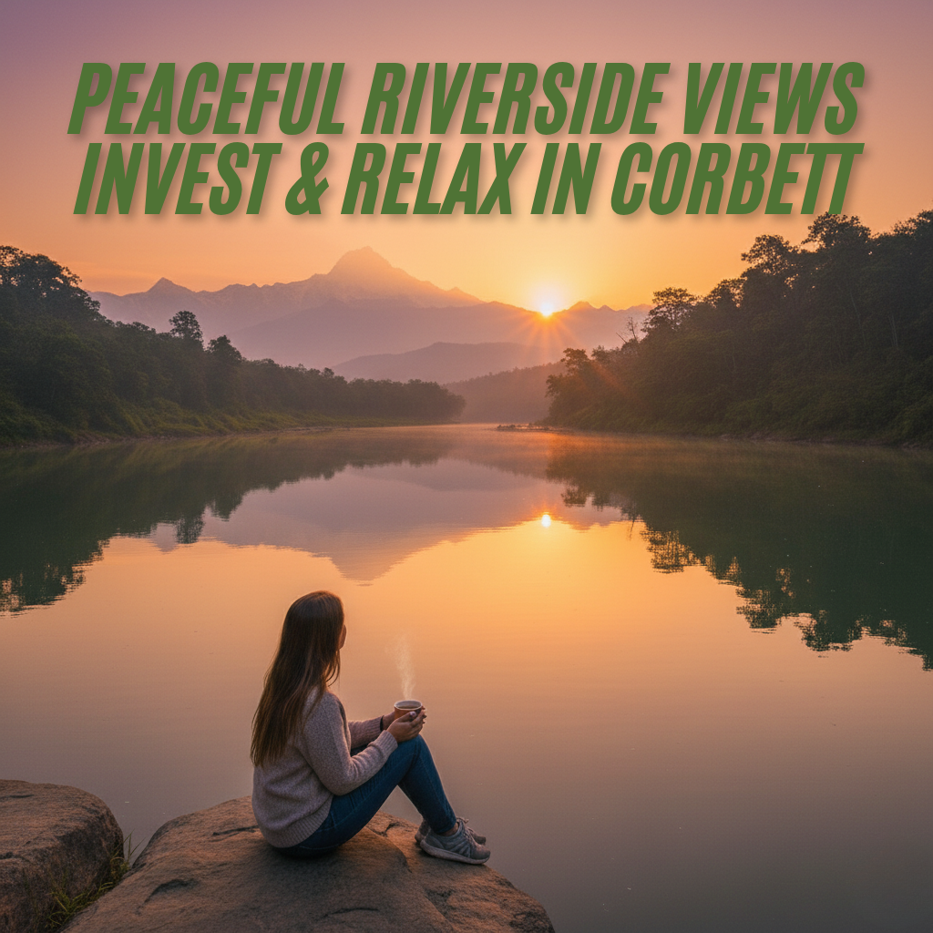 Tranquil river at sunset in Jim Corbett National Park with forested hills reflected in the water and a person sitting by the riverside.