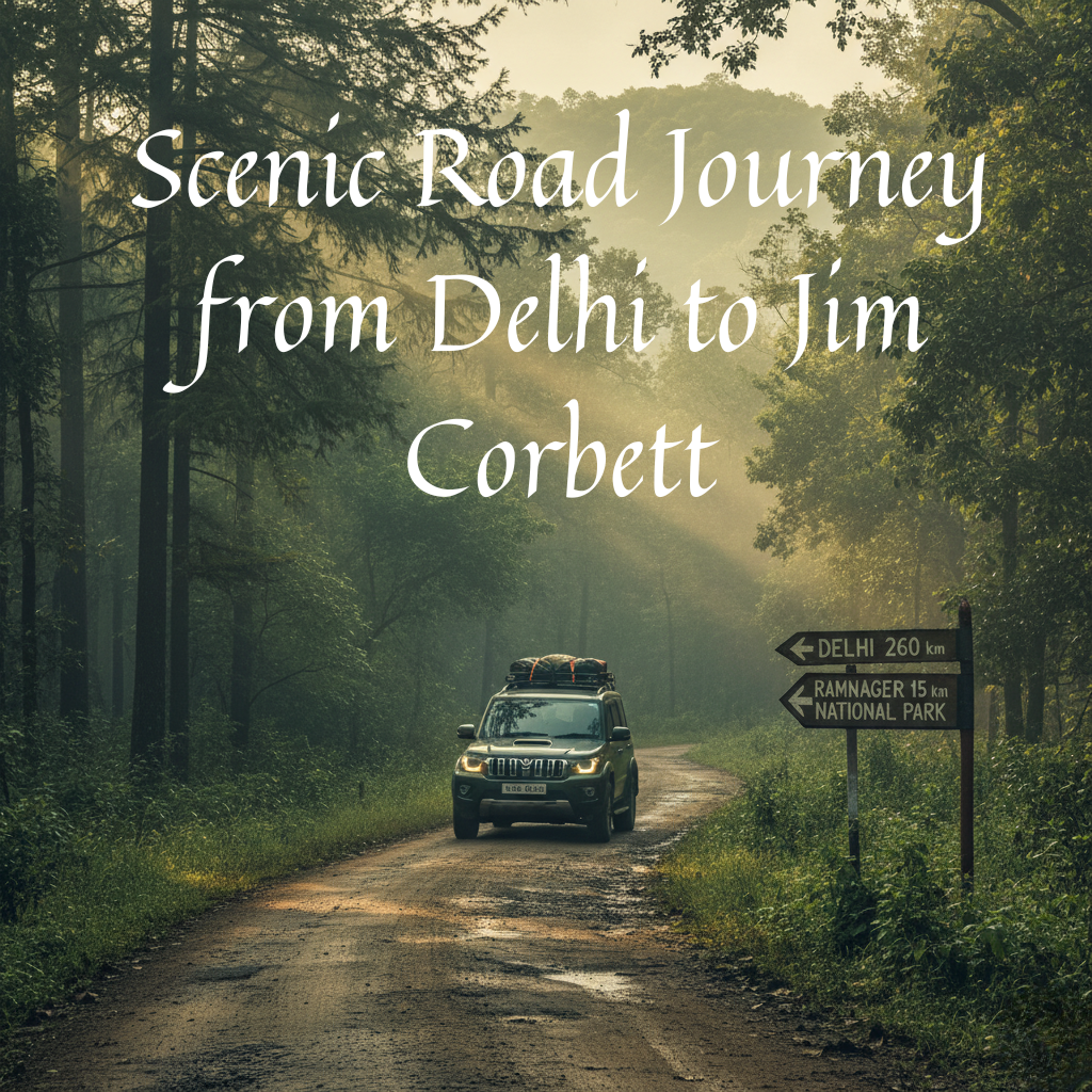 Scenic road from Delhi to Jim Corbett with an SUV driving through lush forest and morning mist, showing a direction signboard to Ramnagar.