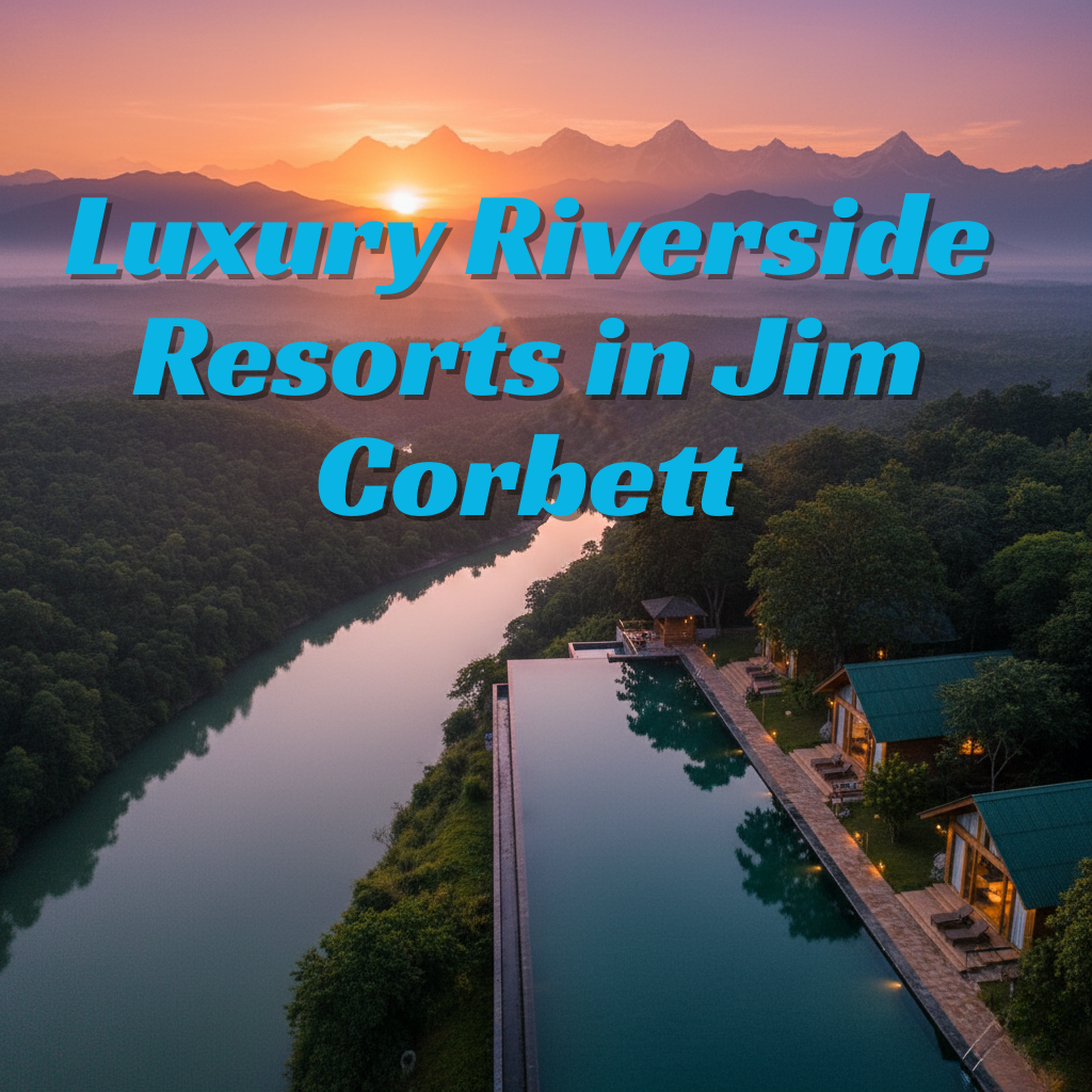 Riverside resort in Jim Corbett with cozy cottages, infinity pool overlooking the Kosi River, surrounded by green forest at sunset.