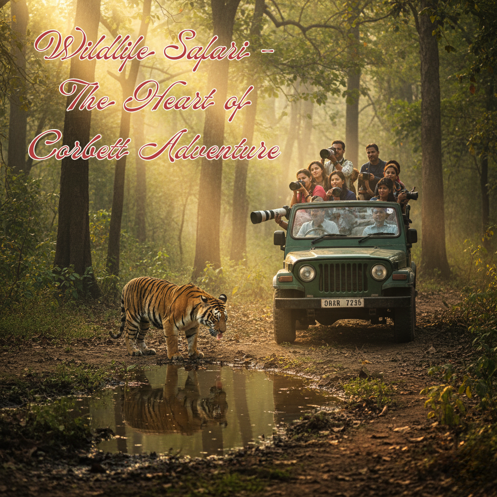 Tourists in an open jeep safari spotting a Bengal tiger in the dense forest of Jim Corbett National Park during morning light.