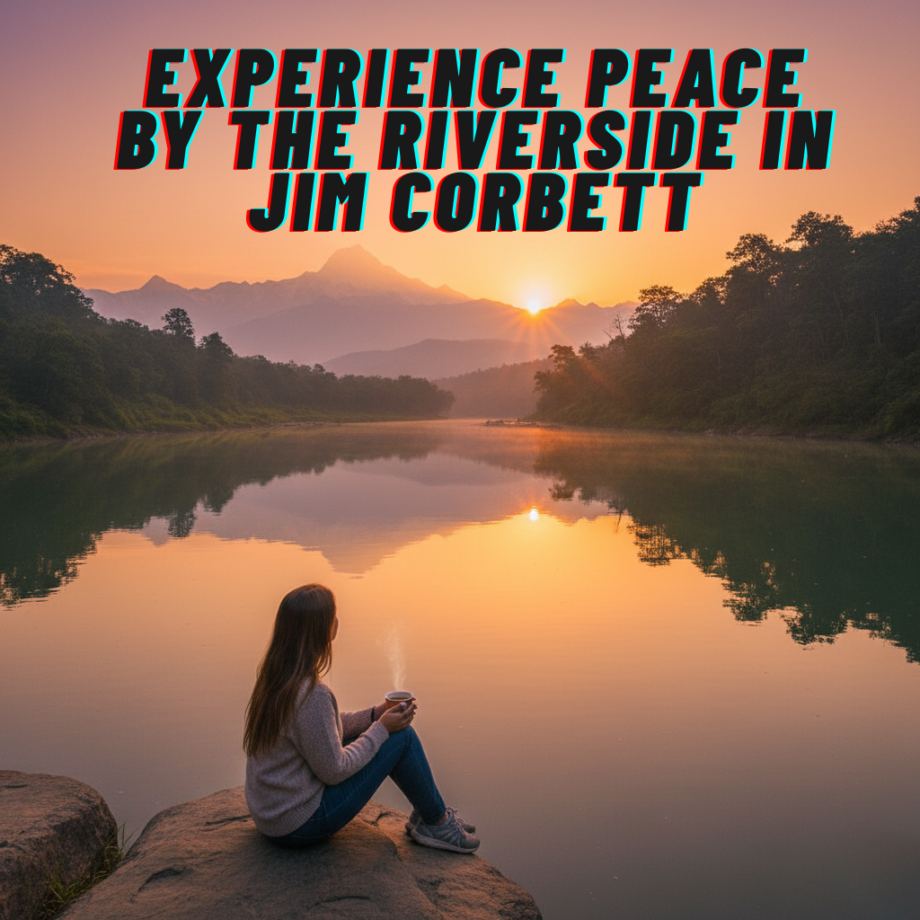 Traveler sitting by the riverside in Jim Corbett at sunset, enjoying the peaceful view of river and hills reflecting the golden light.