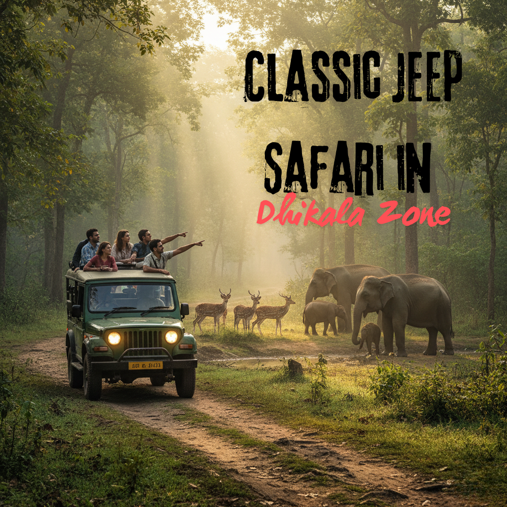 Tourists in an open jeep safari in Dhikala Zone, Jim Corbett, spotting deer and elephants along a forest trail.