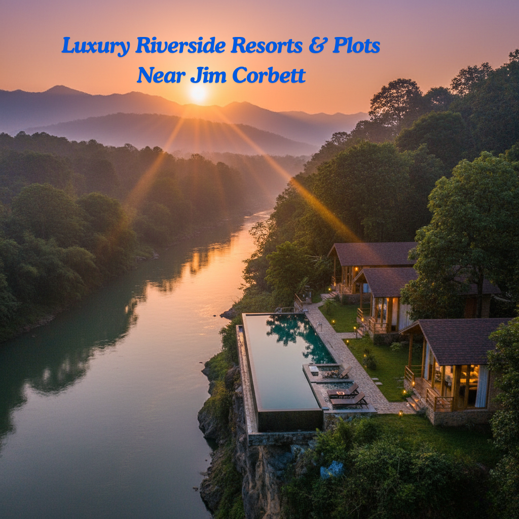 Luxury riverside resort near Jim Corbett National Park with cozy cottages, infinity pool, and lush green forest surroundings
