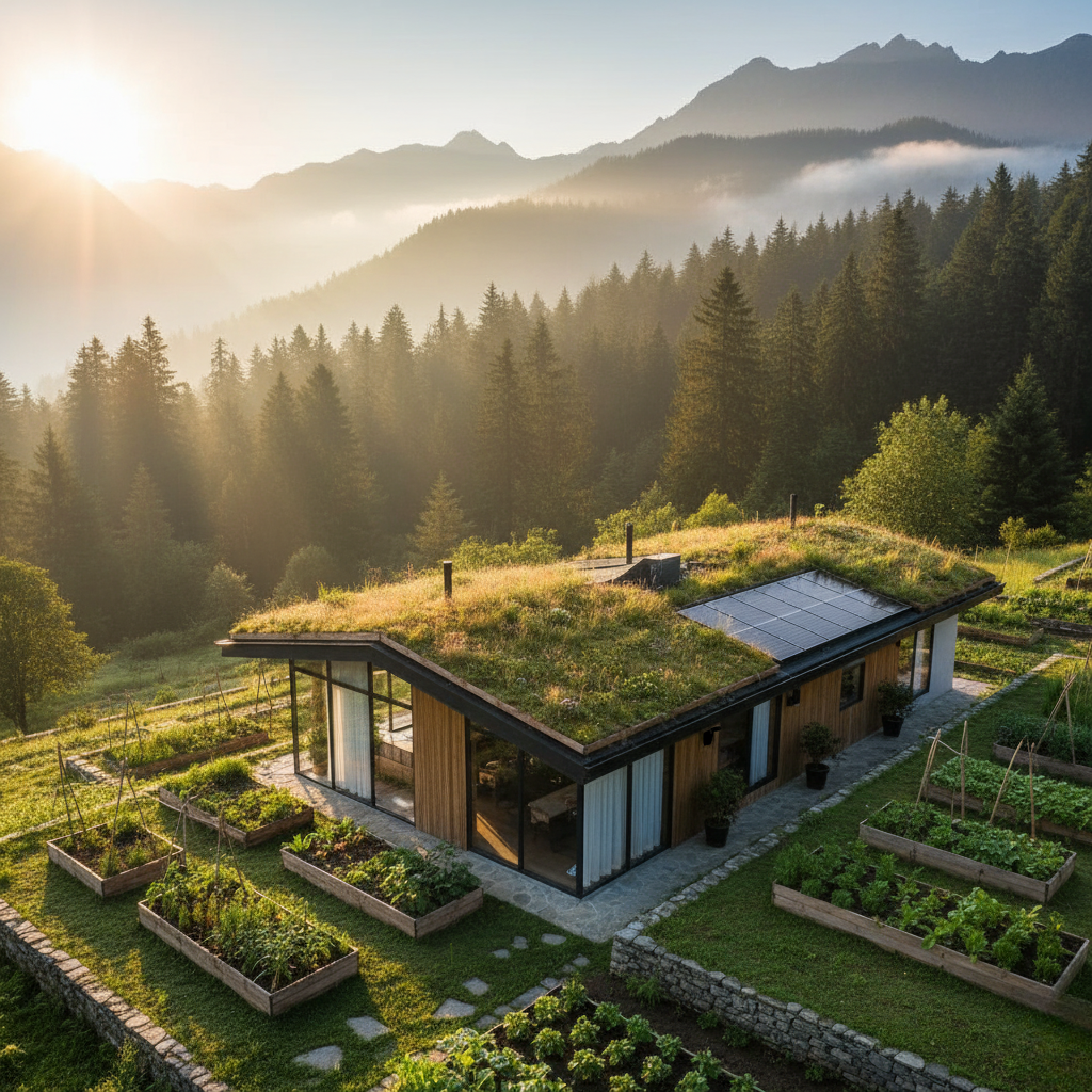 House with solar panels and rainwater system in Uttarakhand hills.