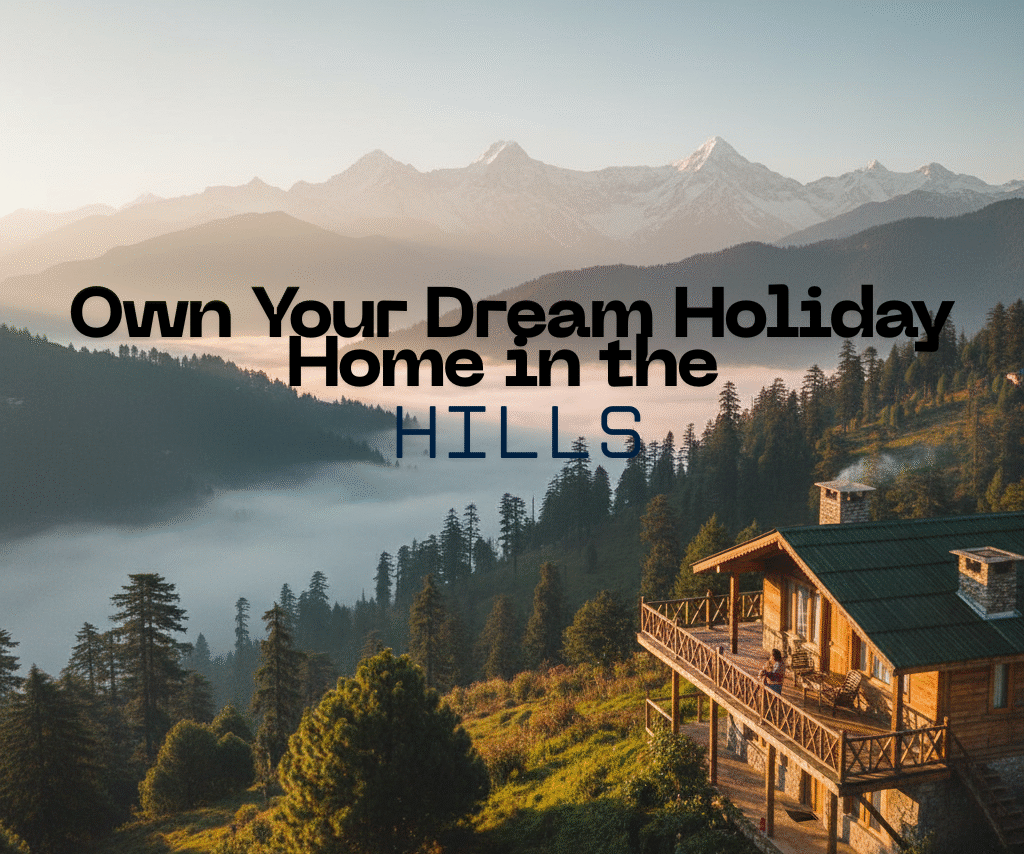 Luxury wooden villa overlooking misty Himachal hills at sunrise — perfect location for a second home.