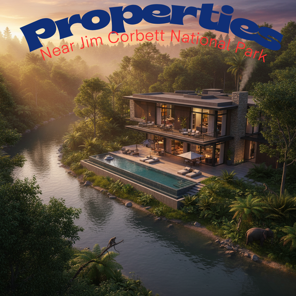 Luxury nature villa near Jim Corbett National Park surrounded by forest and river.