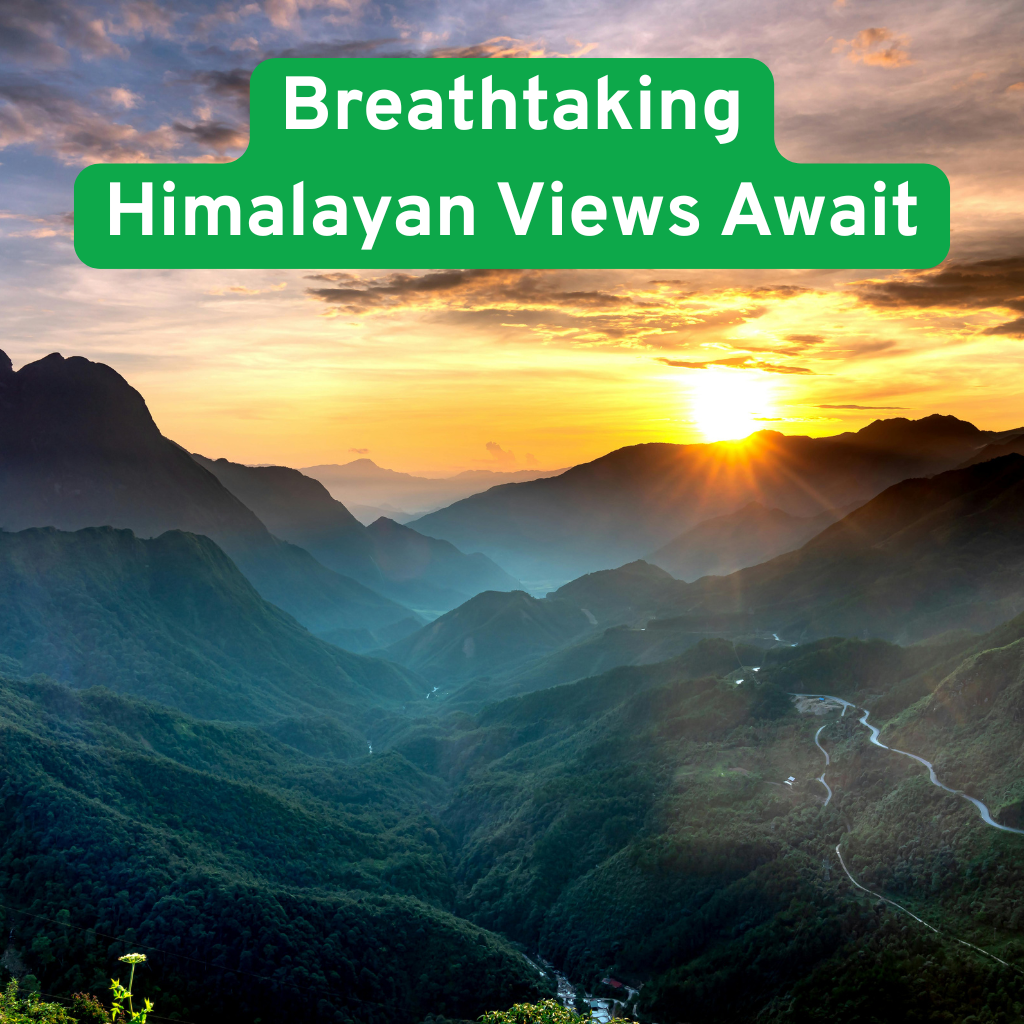 Mountain villa in Mukteshwar overlooking snow-covered Himalayan peaks at sunrise.