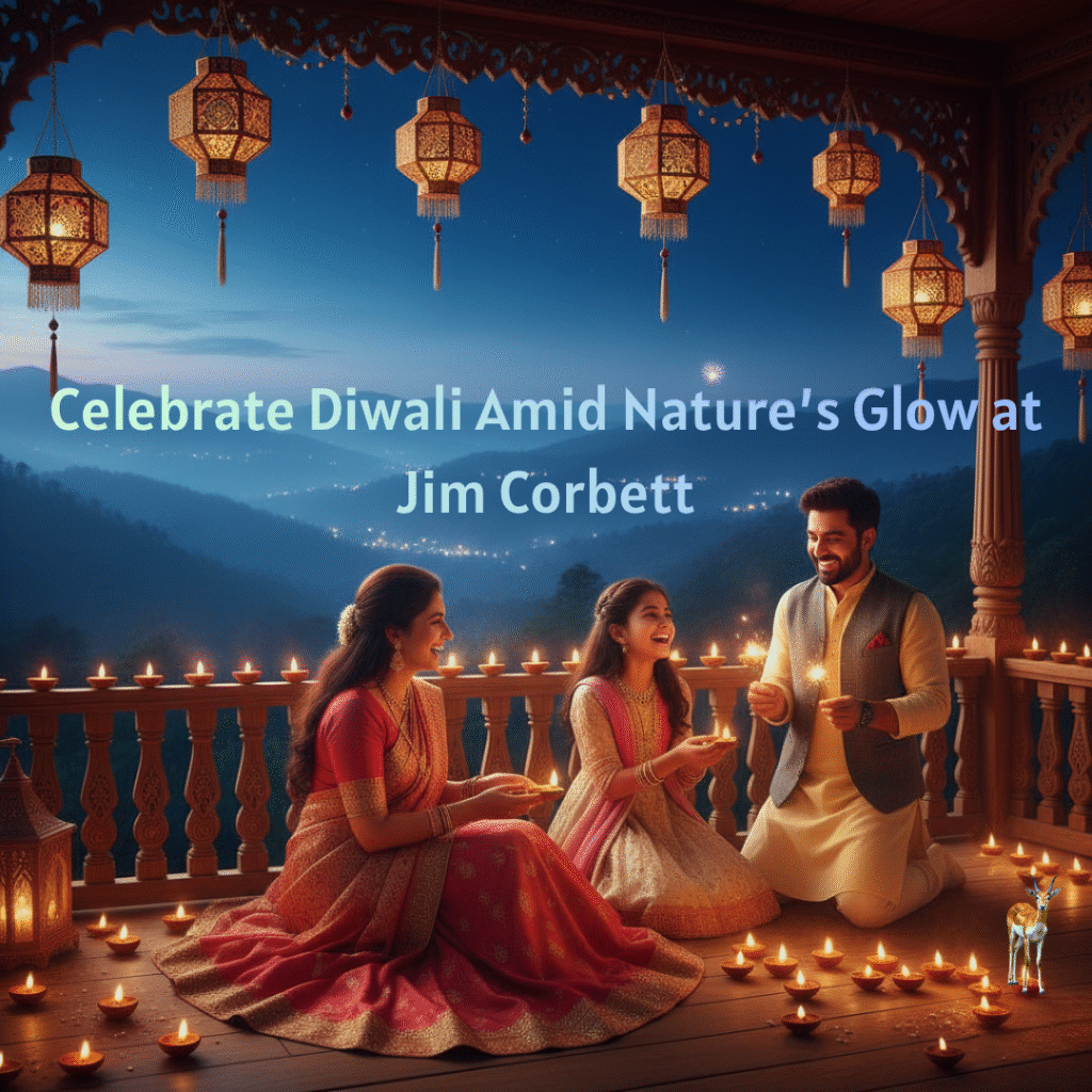 “Family celebrating Diwali evening on balcony overlooking Jim Corbett hills with diyas, lanterns, and night sky.