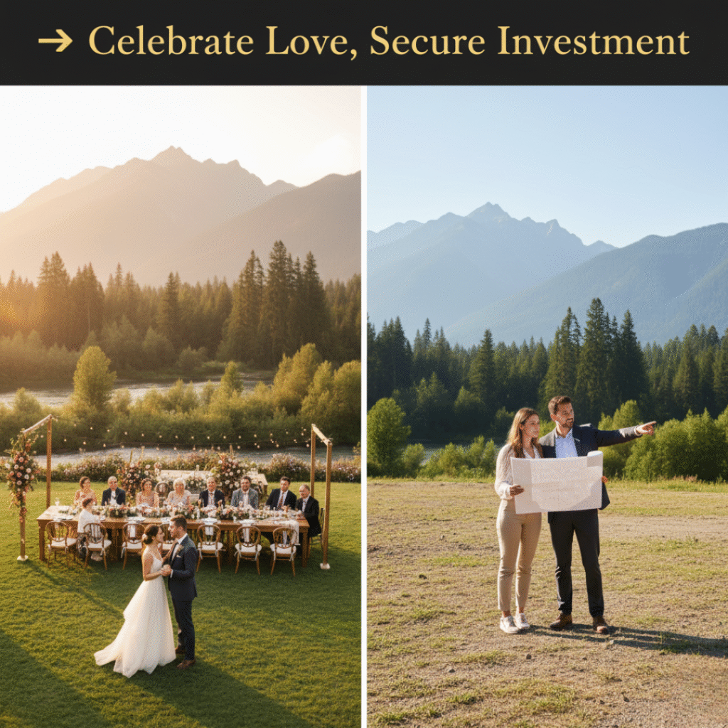 A split-screen image showing one side of a beautiful outdoor wedding lawn and the other side a couple examining real estate plans or looking at a scenic plot near the forest. Blend of wedding and investment theme.