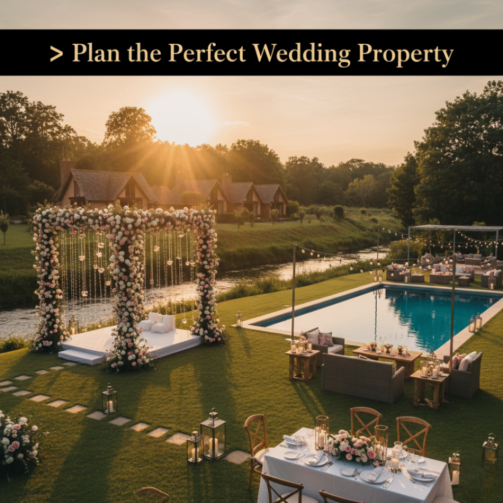 A wedding lawn setup with floral mandap by riverside, poolside cocktail area, and small cottages in the background. Sunset lighting, natural decor with fairy lights and candles.