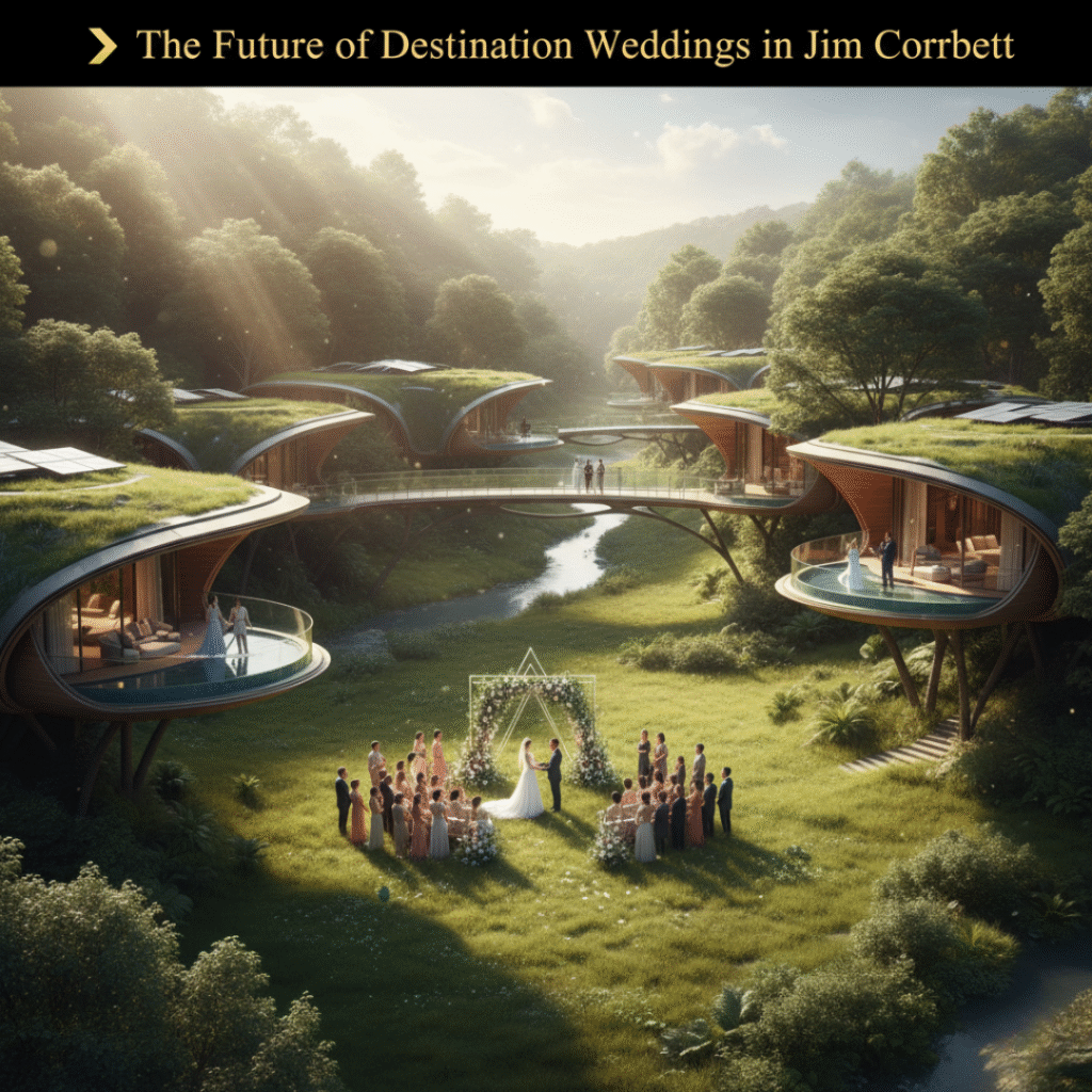 A futuristic luxury eco-resort in Jim Corbett surrounded by forest and hills, showing couples enjoying an open-air wedding, villas in the background, and sunlight filtering through trees. Modern luxury with eco-design.