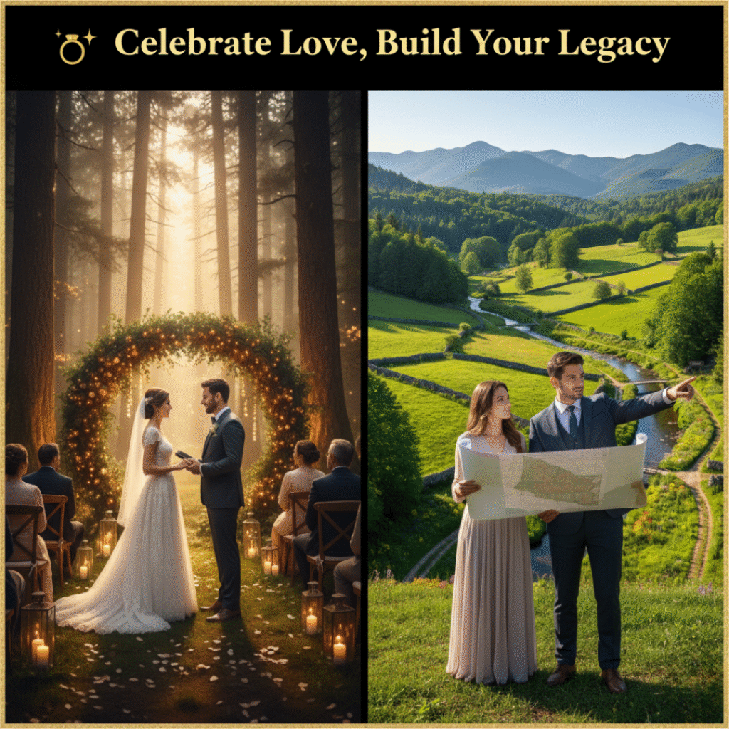 A creative split composition — on one side, a couple hosting a forest-themed wedding; on the other, an investor couple examining a plot map or overlooking scenic land near Corbett. Elegant balance between emotion and business.