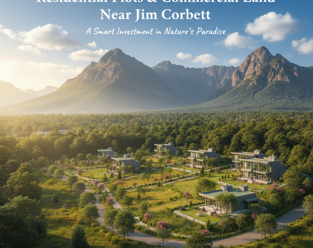Aerial view of residential plots and commercial land near Jim Corbett surrounded by lush greenery and mountain backdrop, showcasing smart real estate investment in nature’s paradise.
