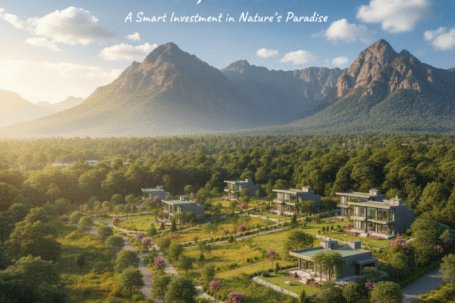 Aerial view of residential plots and commercial land near Jim Corbett surrounded by lush greenery and mountain backdrop, showcasing smart real estate investment in nature’s paradise.