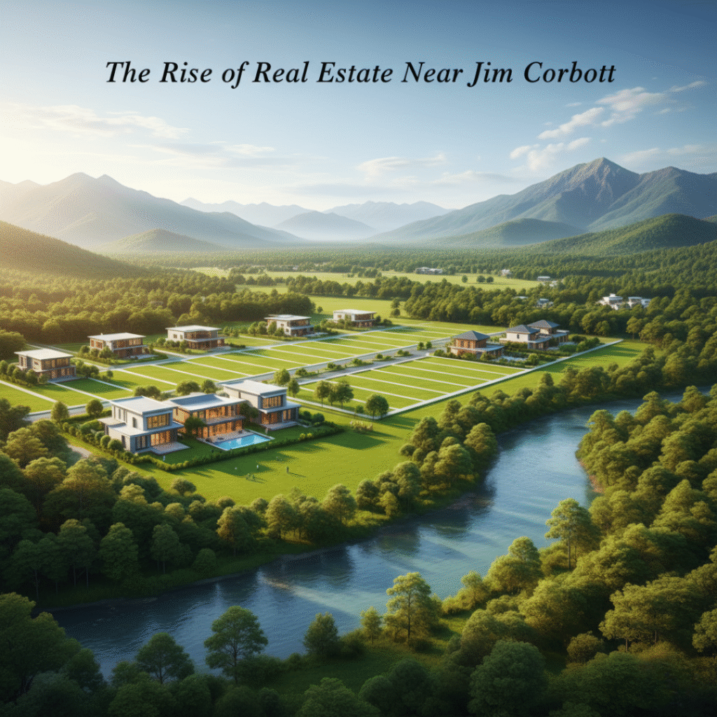 Aerial view of residential plots and eco-resorts near Jim Corbett National Park with forests and mountains, showing real estate growth opportunities.