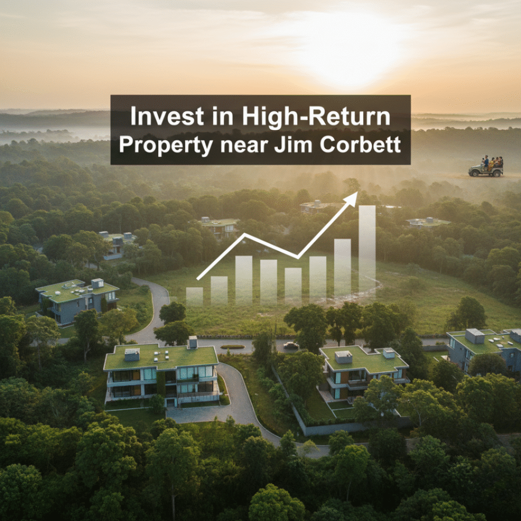 Scenic view of residential and commercial plots near Jim Corbett National Park showing investment potential with rising property values, tourist appeal, and strategic location.