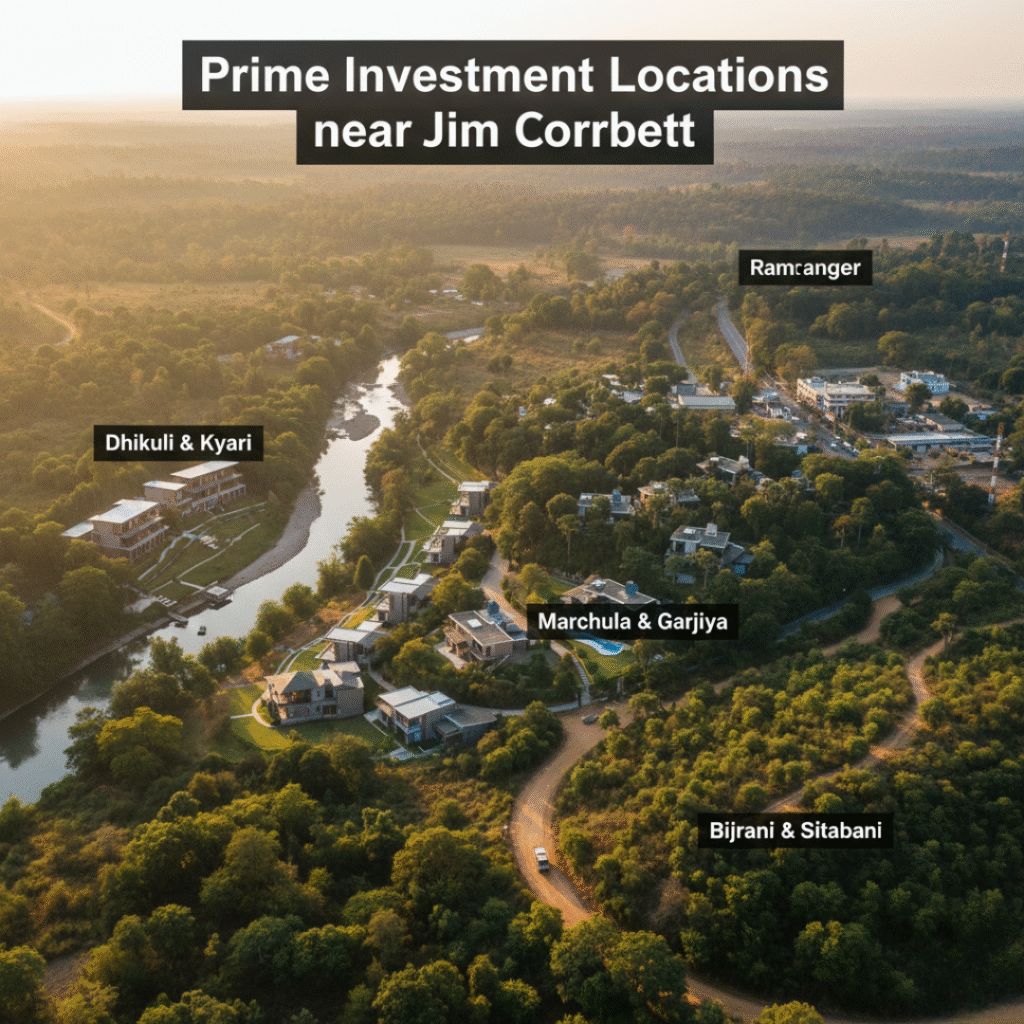 Aerial view of prime residential and commercial investment locations near Jim Corbett National Park including riverside plots, forested areas, and eco-tourism resorts with high ROI potential.