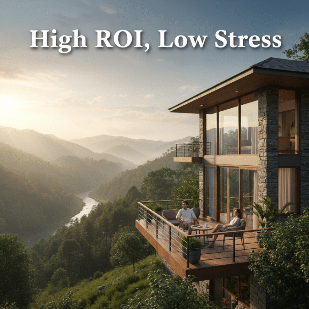 Luxury villa resort near Jim Corbett with a couple relaxing on a balcony overlooking green hills, representing high ROI and peaceful investment living.