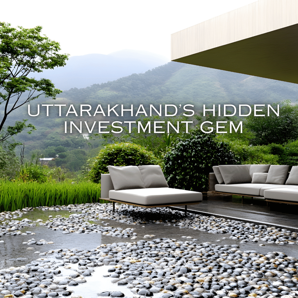 Panoramic view of resort land and forested hills near Jim Corbett and Nainital district, highlighting Uttarakhand’s growing real estate investment potential.