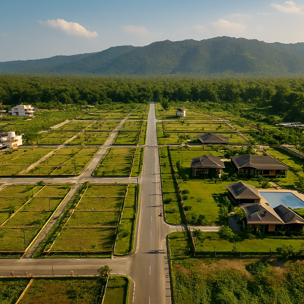 “Aerial view of plots and resort development near Jim Corbett National Park”