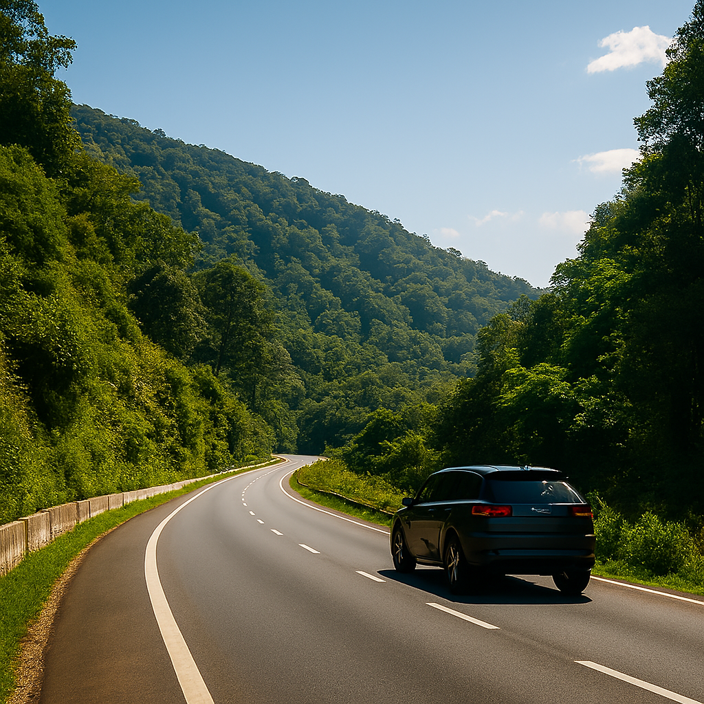 “Highway road to Jim Corbett National Park through forest hills”