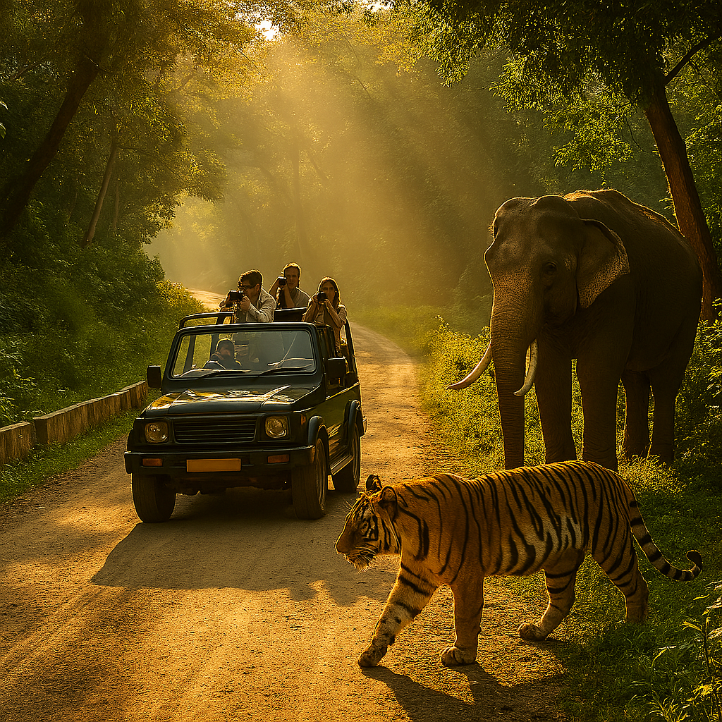 “Safari jeep exploring wildlife in Jim Corbett National Park with tiger sighting”