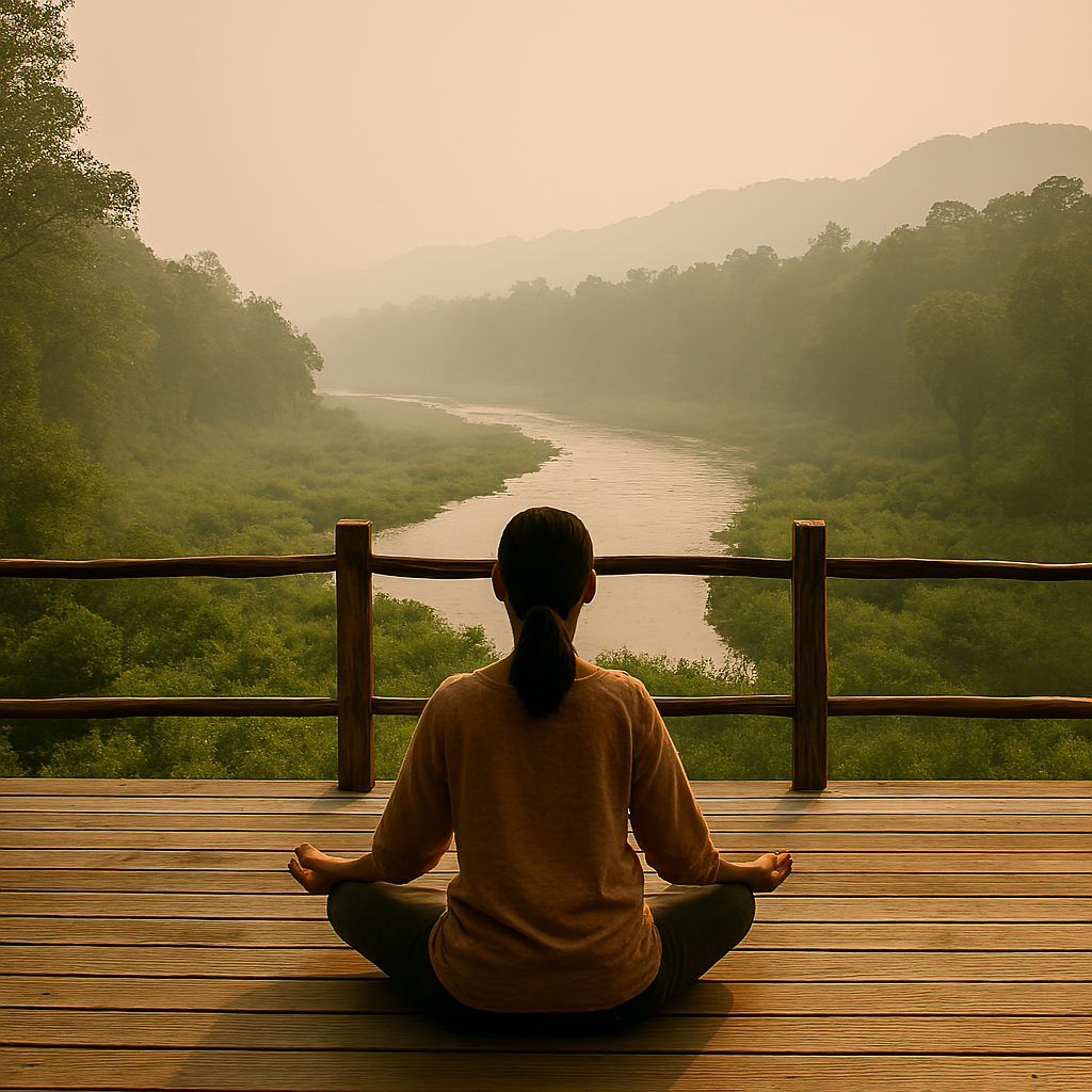 “Yoga retreat near Jim Corbett National Park with forest and mountain view”