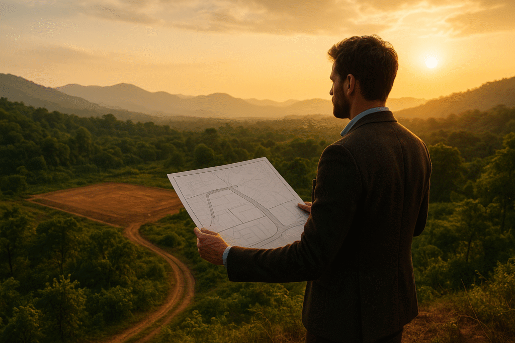 “Investor overlooking property near Jim Corbett National Park at sunset”