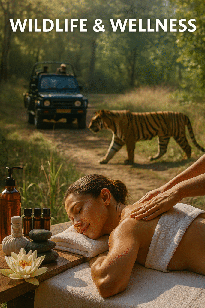 “Safari jeep in Jim Corbett forest with a Bengal tiger in the background, and a spa setup by the forest edge for relaxation.”