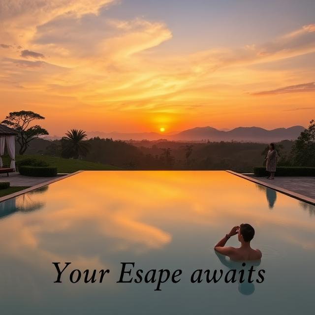 “Sunrise view over a luxury resort in Jim Corbett with an infinity pool, guest enjoying coffee by the poolside, and forested hills in the distance.”