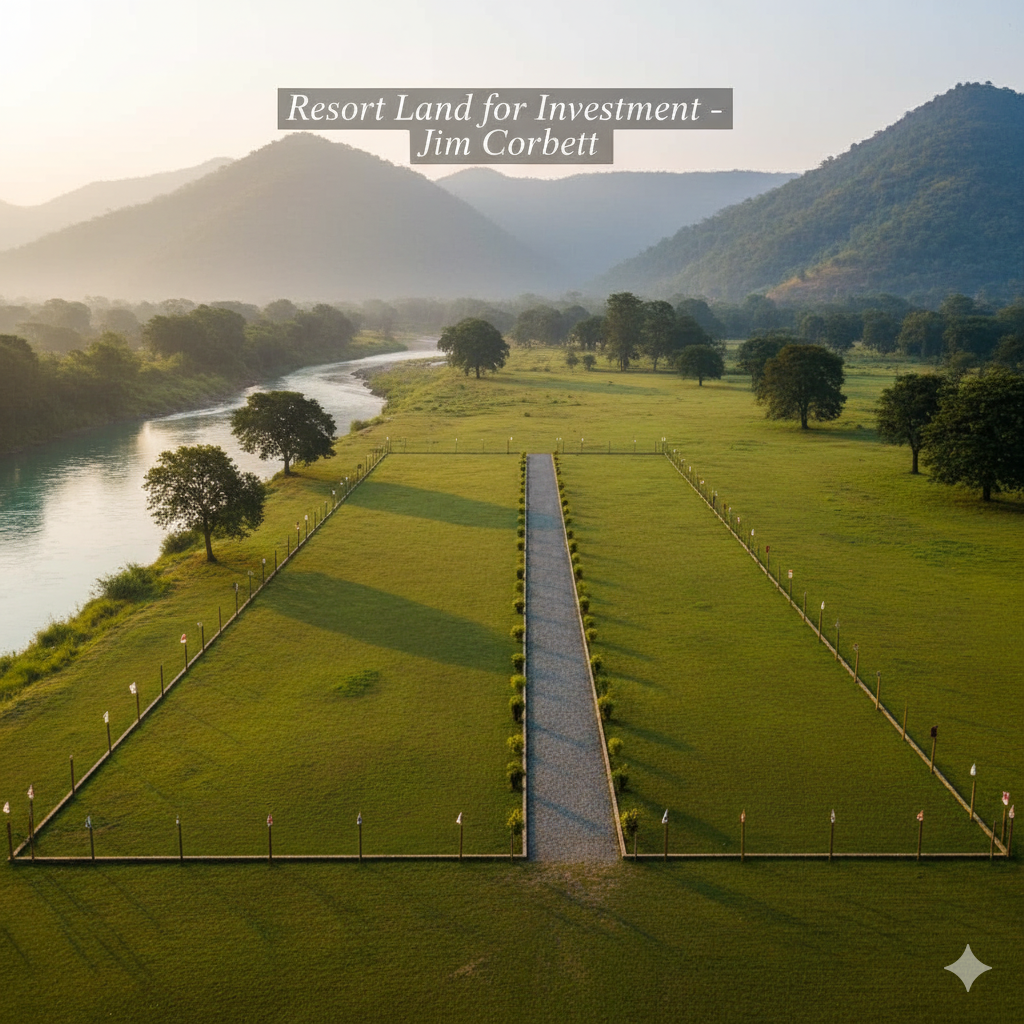 Riverside resort land for sale near Jim Corbett with hills and river view.