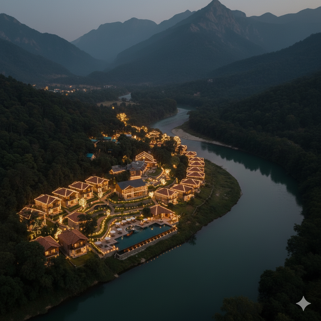 Luxury resort near river in Jim Corbett decorated with Diwali lights and diyas.