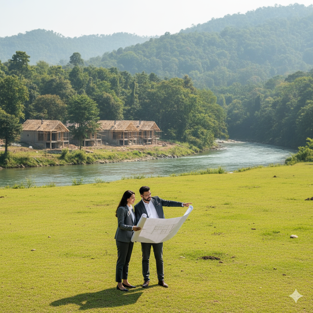 Investors exploring resort land near river in Jim Corbett for property investment.