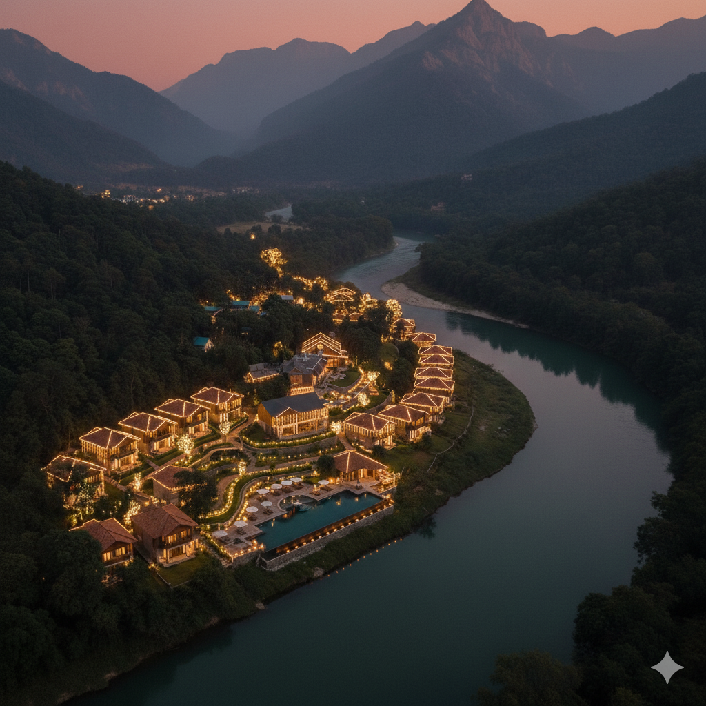 Luxury riverside resort near Jim Corbett decorated with Diwali lights and diyas.