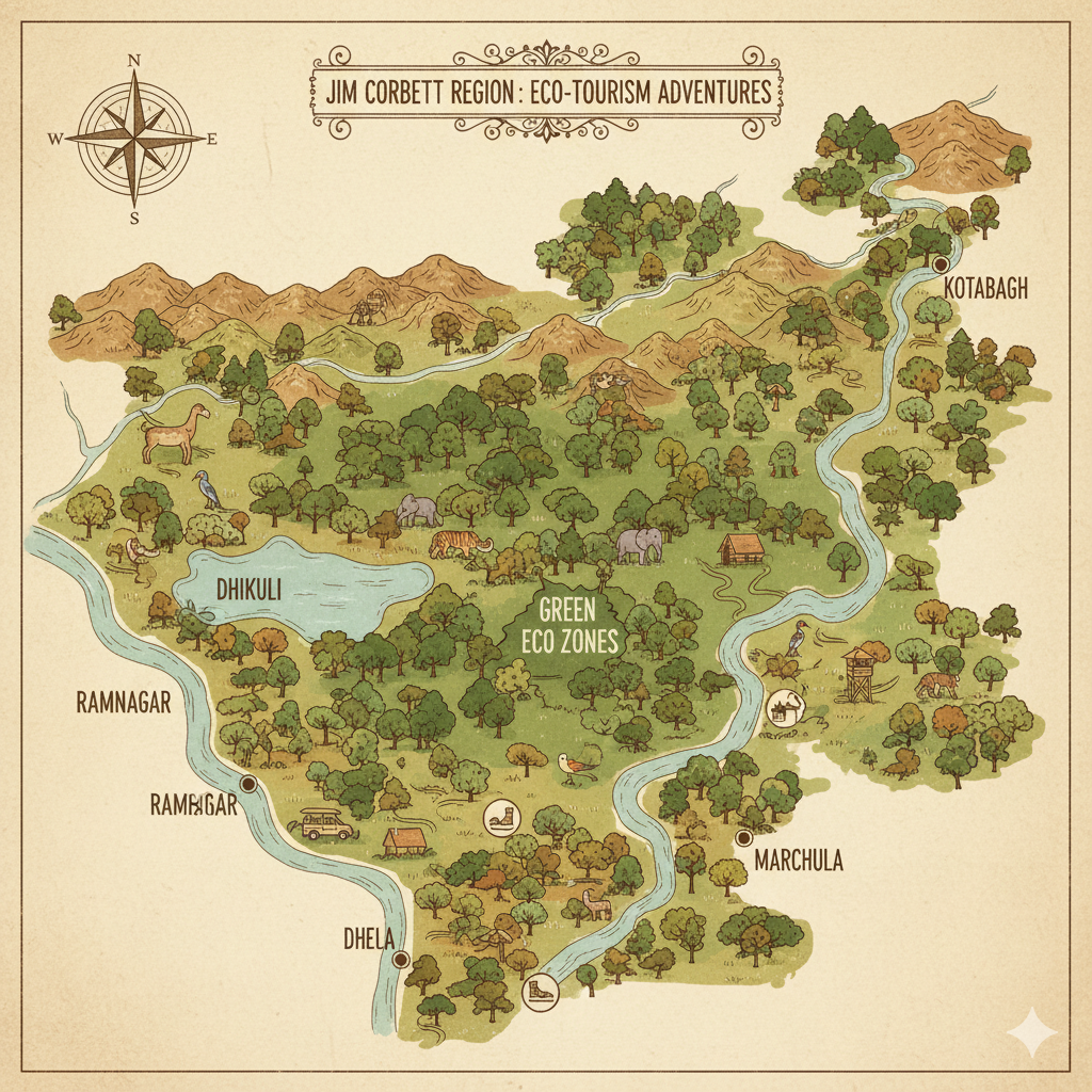 Illustrated map showing Ramnagar, Dhikuli, Dhela, Marchula, and Kotabagh as eco-tourism zones near Jim Corbett, highlighting forest areas and natural topography.
