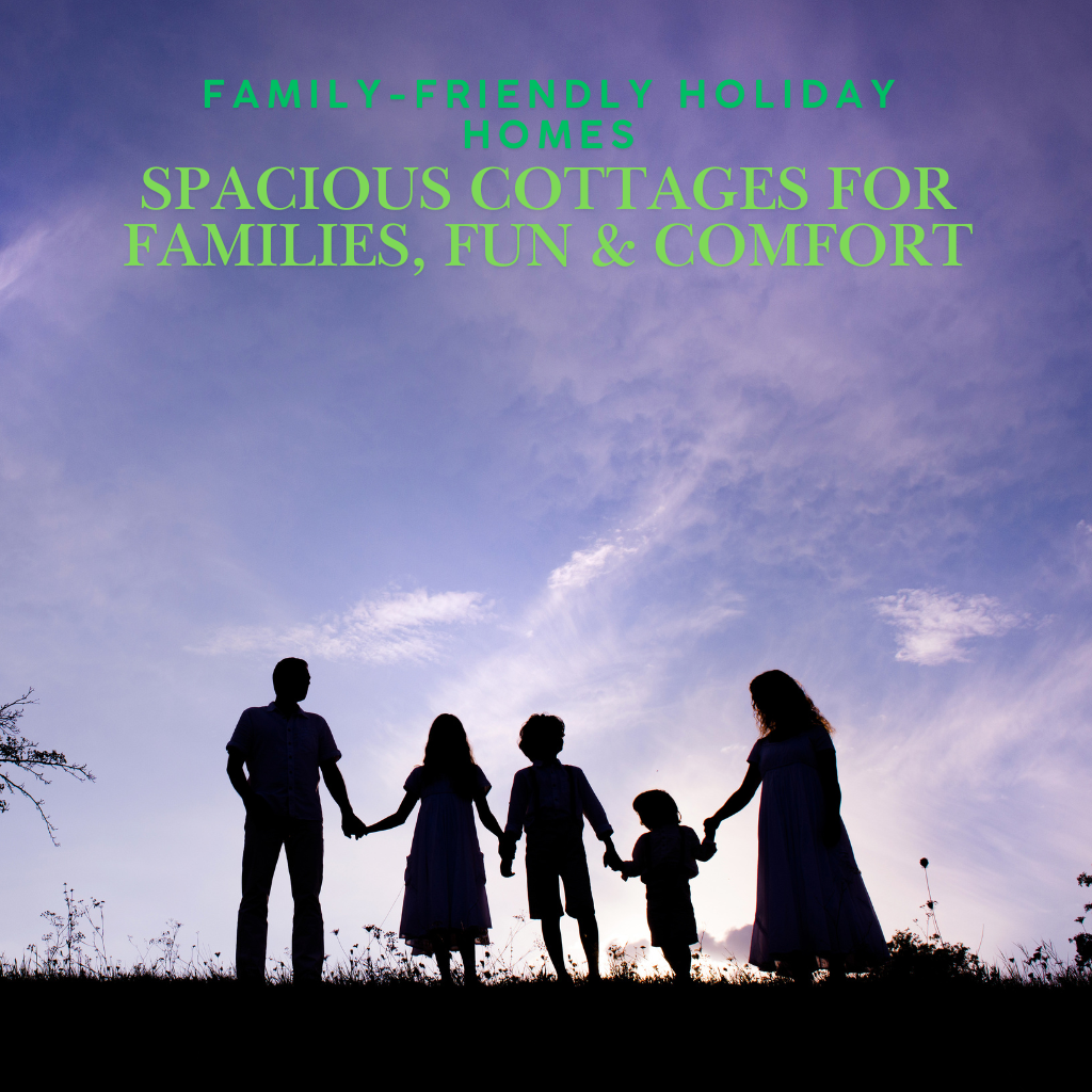A silhouette of a family of five (a man, two older children, a younger child, and a woman) standing close together on a grassy ridge, holding hands and facing the camera. Their figures are dark against a bright, cloudy blue and purple sunset or twilight sky. Text overlay in bright green reads: "FAMILY-FRIENDLY HOLIDAY HOMES" and "SPACIOUS COTTAGES FOR FAMILIES, FUN & COMFORT".
